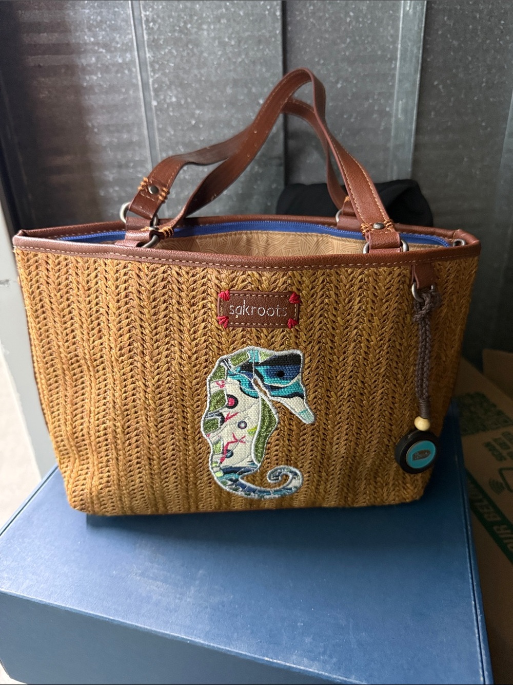 Sakroots Tan Woven Tote with Colorful Seahorse Patch